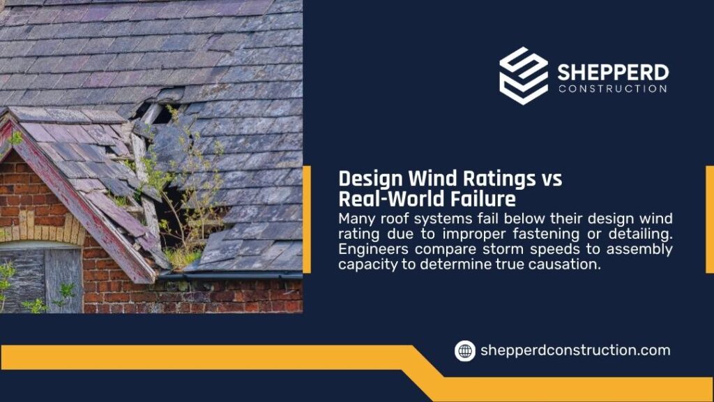 Deteriorated roof with missing and broken shingles on a brick building, illustrating design wind ratings vs real-world roof failure.