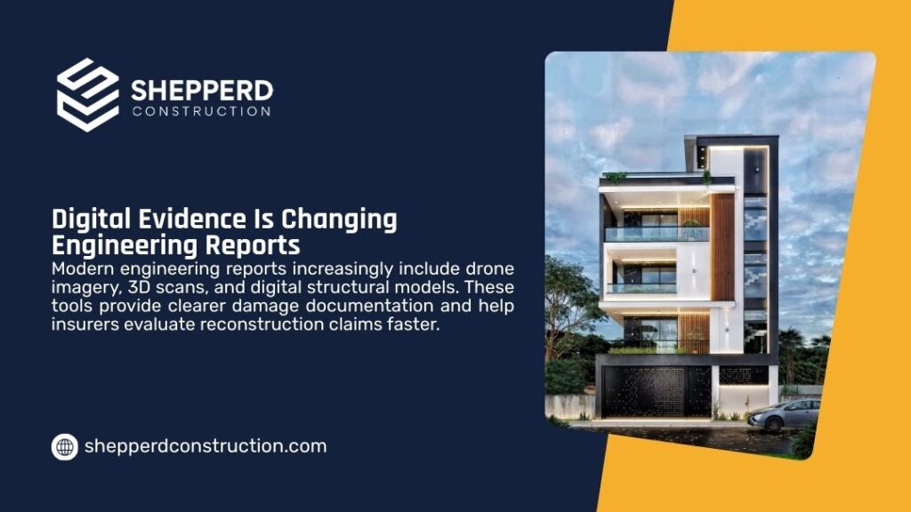 Modern multi-story building exterior at dusk, representing how digital evidence like drone imagery and 3D scans is changing engineering reports.