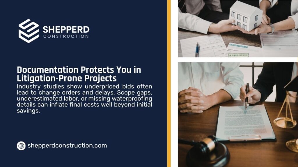 People signing legal documents near a gavel and scales of justice, showing how proper documentation protects against litigation-prone projects.