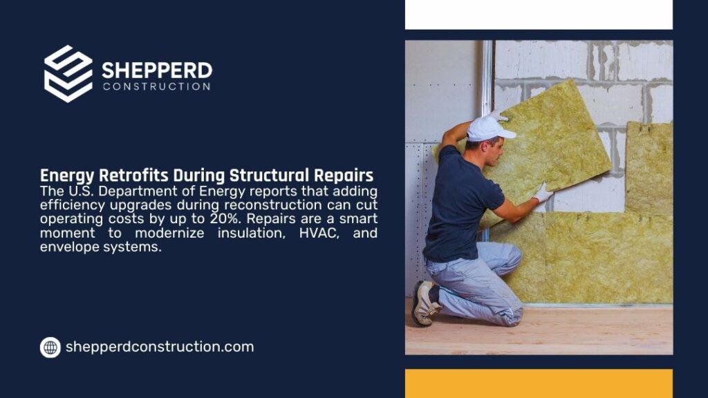Worker installing insulation panels during structural repairs — energy retrofits that cut operating costs by up to 20%.