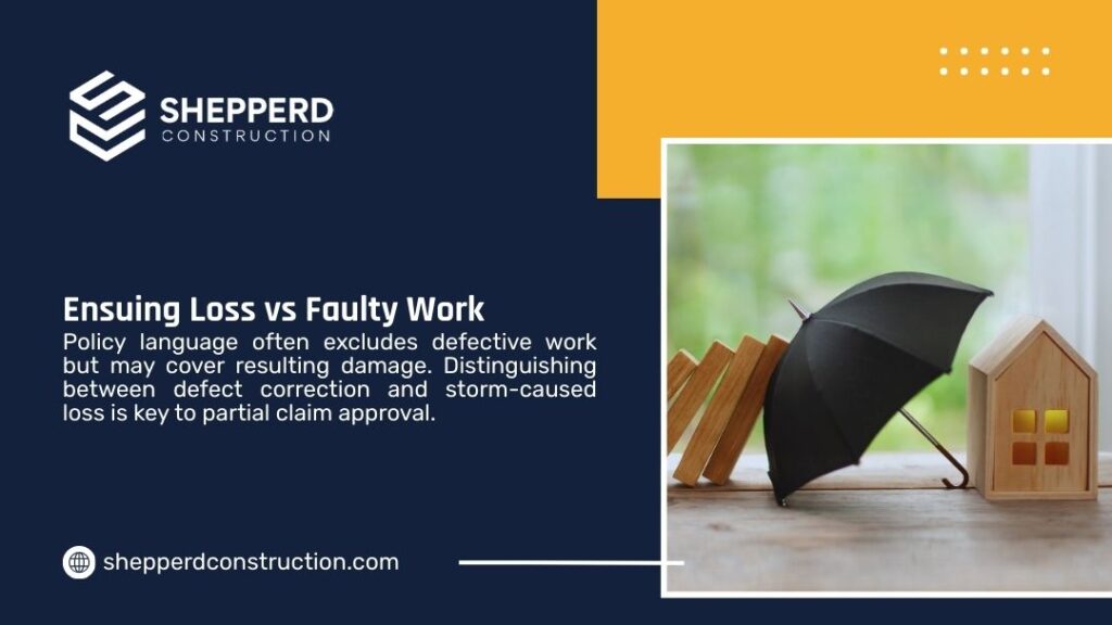 Umbrella shielding a wooden house model from falling blocks, symbolizing ensuing loss vs faulty work in property insurance claims.
