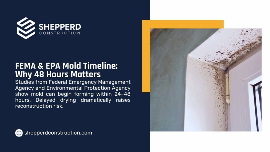 Visible black mold spots forming on ceiling corner and door hinge area, illustrating FEMA/EPA 24-48 hour mold growth timeline after water damage.