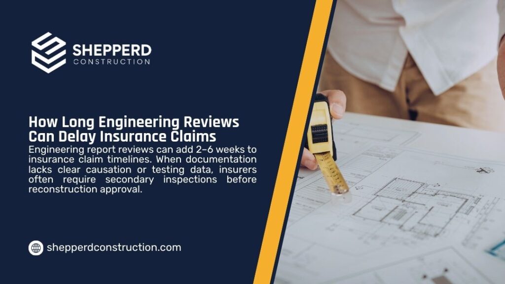 Engineer measuring blueprints with a tape measure, illustrating how long engineering reviews can delay insurance claims by 2–6 weeks.