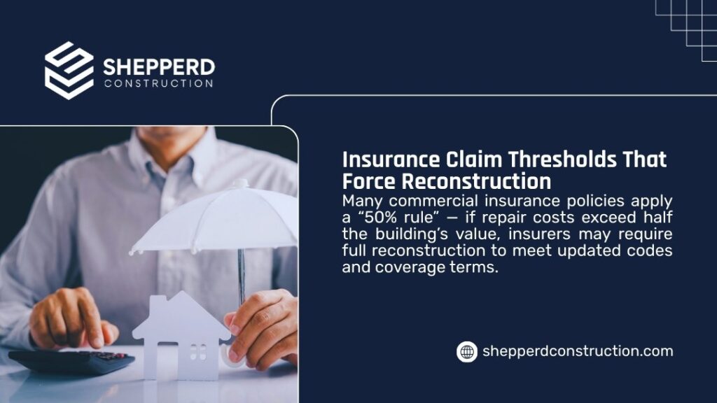 Business professional holding small umbrella over model house and calculator, symbolizing insurance claim thresholds and the 50% rule for building reconstruction.