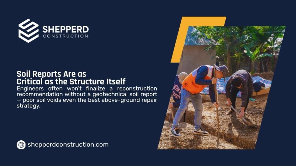 Workers digging and examining soil at a construction site, illustrating why soil reports are as critical as the structure itself.