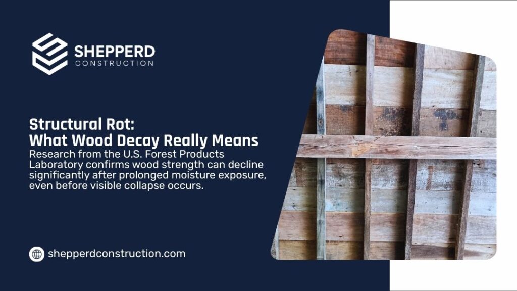 Close-up of structural rot in wooden ceiling joists: aged, discolored, and weathered beams showing signs of prolonged moisture damage and wood decay from below.