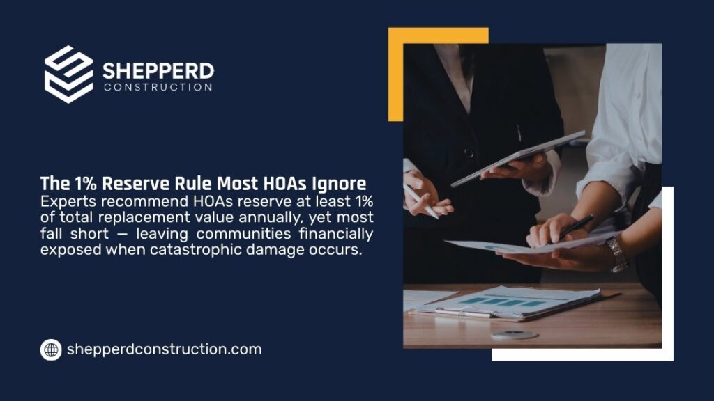 HOA board members reviewing financial documents, discussing the 1% reserve rule most HOAs ignore to avoid catastrophic funding gaps.
