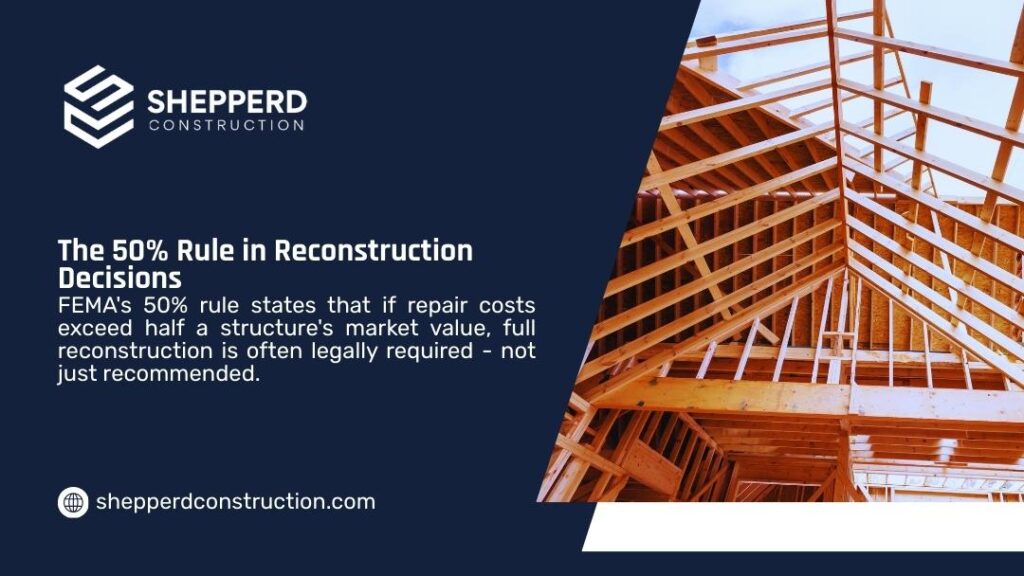 Exposed wood roof framing on a structure under reconstruction, illustrating FEMA's 50% rule that triggers full rebuild requirements.