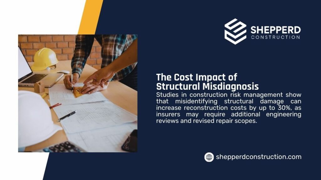 Construction professionals reviewing blueprints at a worksite, illustrating how structural misdiagnosis can increase reconstruction costs by 30%.
