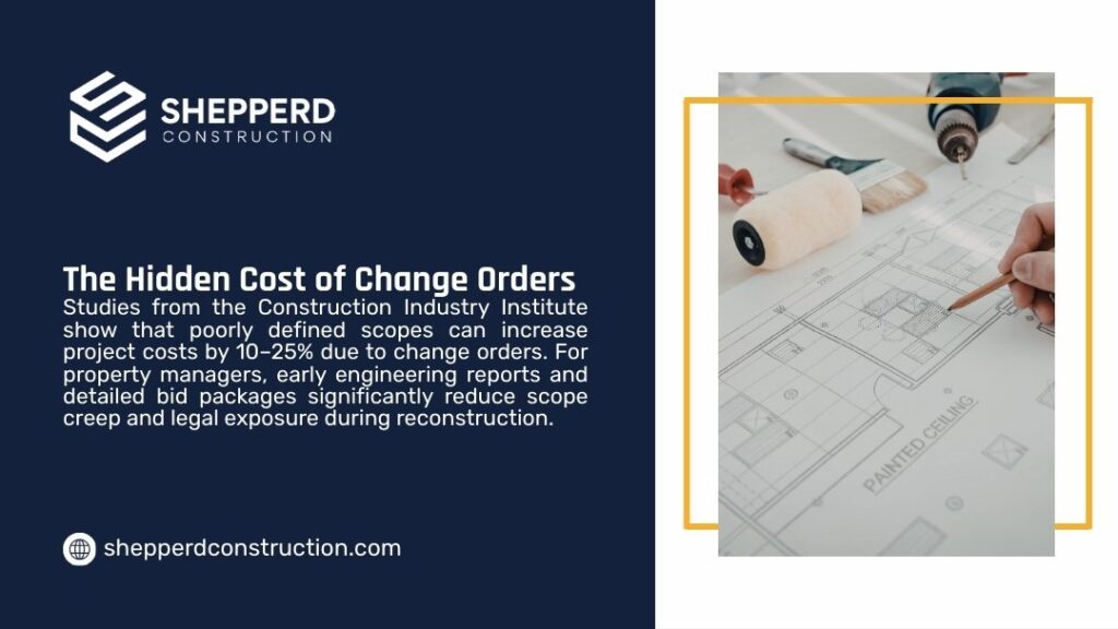 Change orders concept graphic showing construction blueprints and tools, highlighting the hidden cost of change orders in construction projects due to poorly defined scopes.