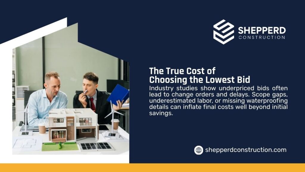 Two businessmen in suits reviewing a detailed architectural model of a sustainable house featuring wind turbines, solar panels, and green elements on an office table, discussing construction bids.