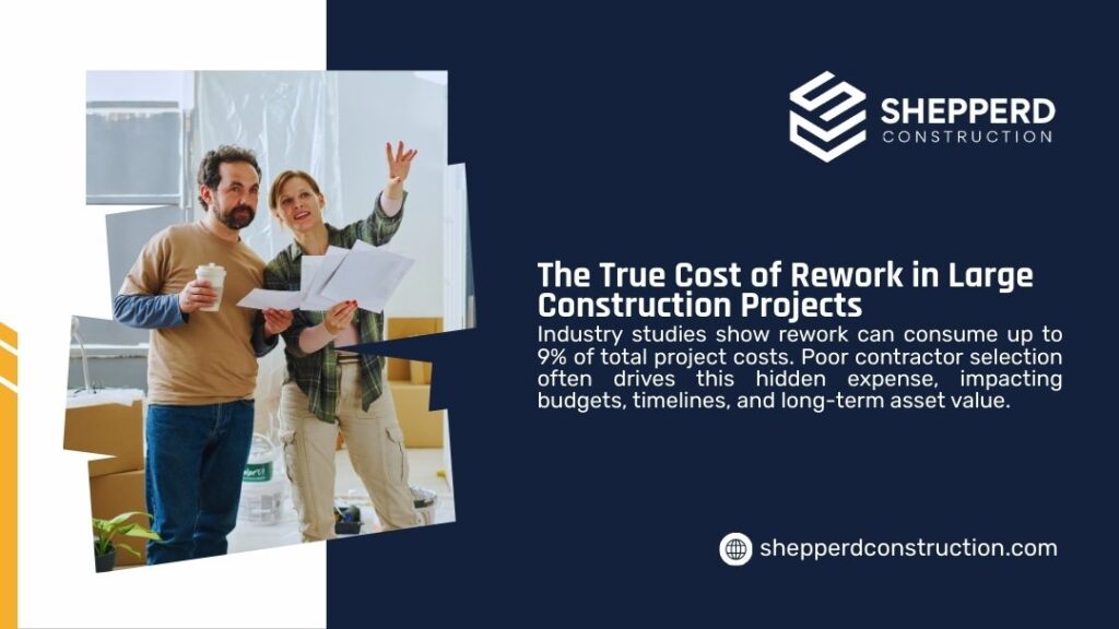 Construction team reviewing plans on-site: man and woman holding blueprints and coffee, discussing rework costs amid boxes and materials in unfinished room.