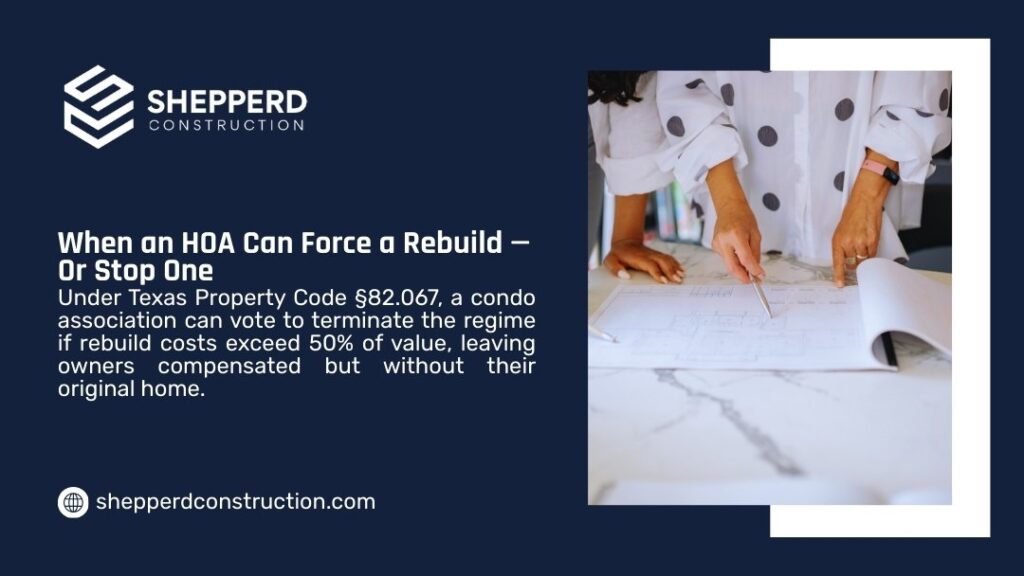 Person reviewing architectural blueprints, representing HOA authority to force or stop a rebuild under Texas Property Code §82.067.