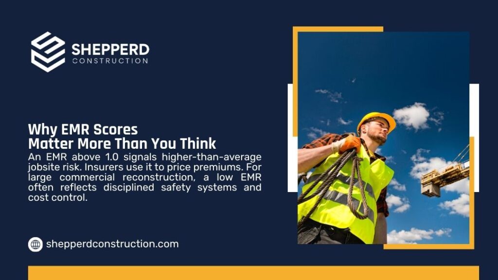 Construction worker in a hard hat and safety vest on a jobsite, illustrating why EMR scores matter for insurance premiums and jobsite safety.