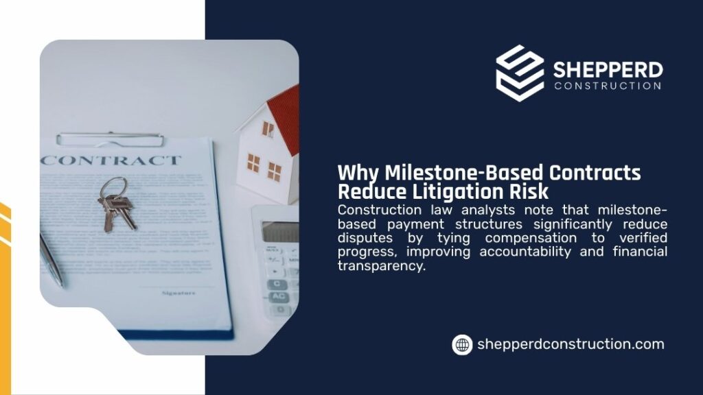 Contract document with 'CONTRACT' header, house model, keys, calculator, and pen on clipboard symbolizing milestone-based contracts reducing litigation risk in construction.