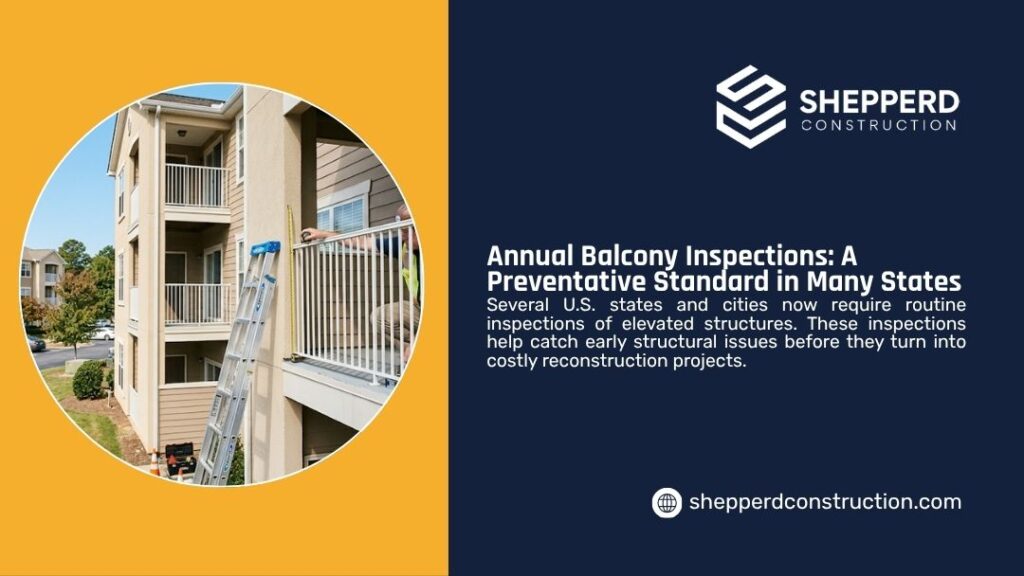 Worker performing annual balcony inspection on a multi-story apartment building using a ladder and measuring tools.