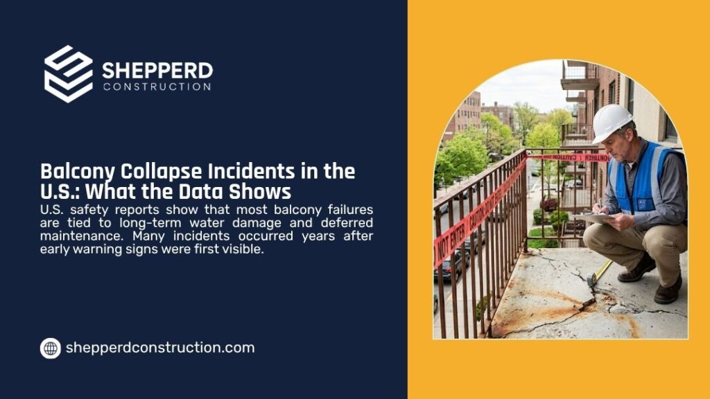 Safety inspector documenting cracked and rusted balcony behind caution tape, reflecting U.S. data on collapse incidents from deferred maintenance.