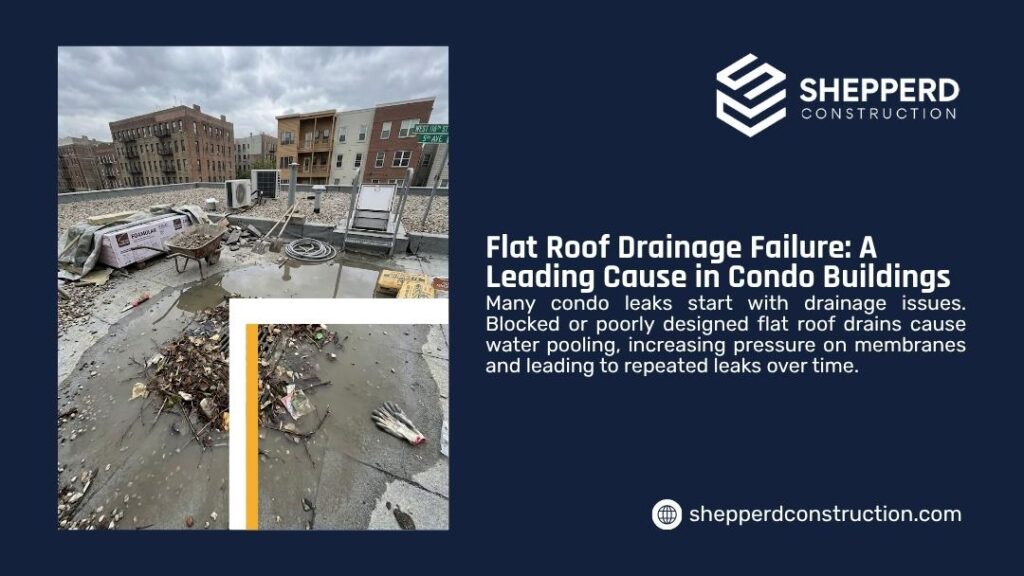 Clogged flat roof with pooling water and debris on a condo building, showing how drainage failure leads to repeated membrane leaks