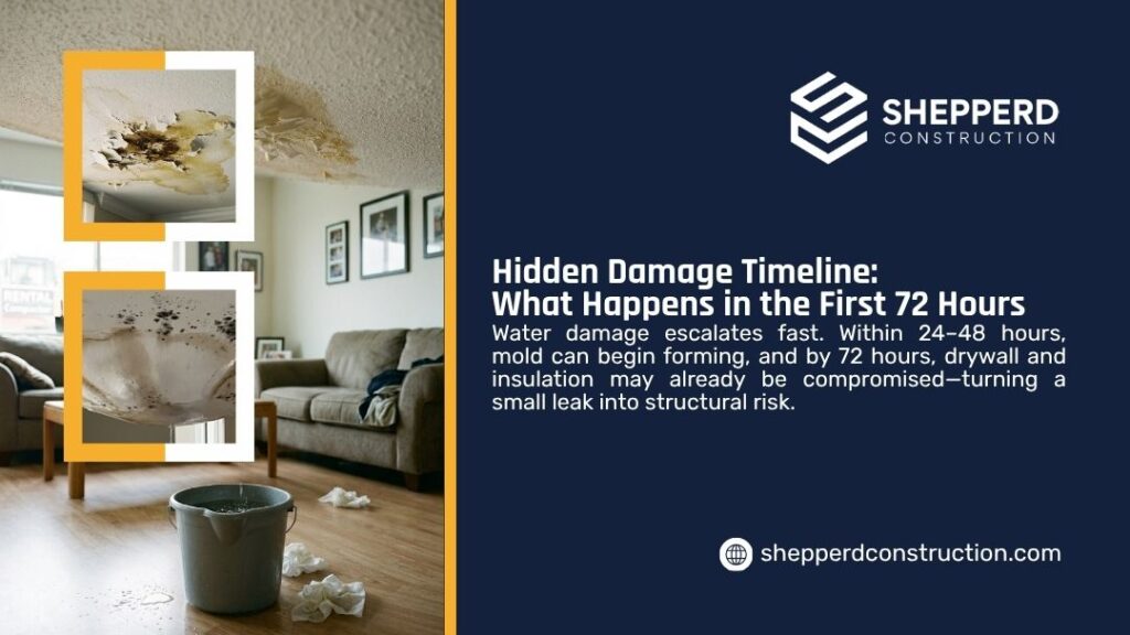 Water-damaged ceiling with mold and bucket on floor, showing hidden damage timeline where drywall and insulation fail within 72 hours.