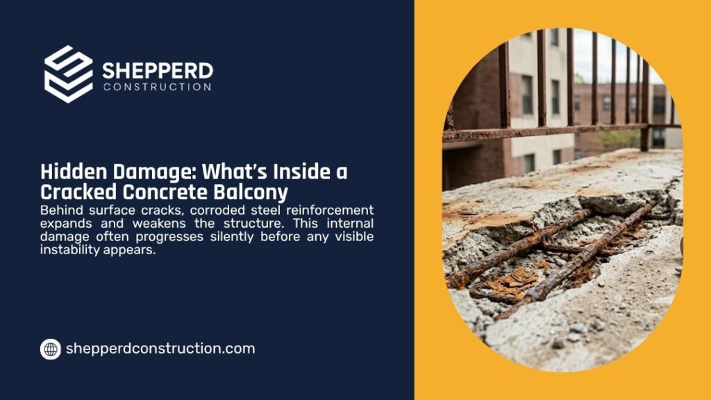 Cracked concrete balcony exposing severely corroded and rusted steel reinforcement bars inside the damaged structure.