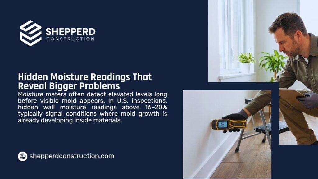 Inspector using a moisture meter on a wall baseboard, detecting hidden readings above 16–20% that signal mold growth inside materials.