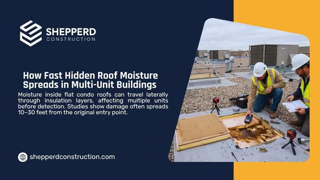 Two construction workers inspecting hidden roof moisture damage on a multi-unit building rooftop, with exposed wet insulation and tools.