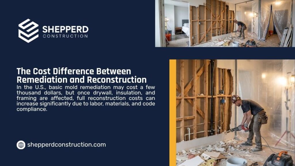 Workers stripping drywall and framing during full water damage reconstruction, showing the steep cost difference beyond basic mold remediation.