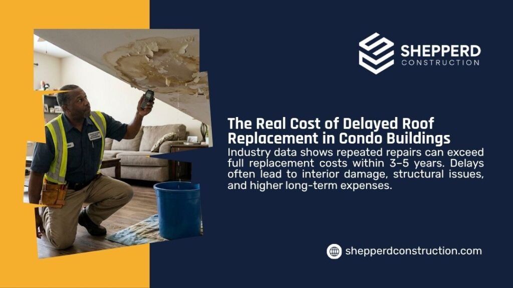 When Does a Condo Building Roof Need to Be Fully Replaced - Worker in safety vest inspecting severe water-damaged ceiling with stains and drips in a condo living room, blue bucket catching leaks.