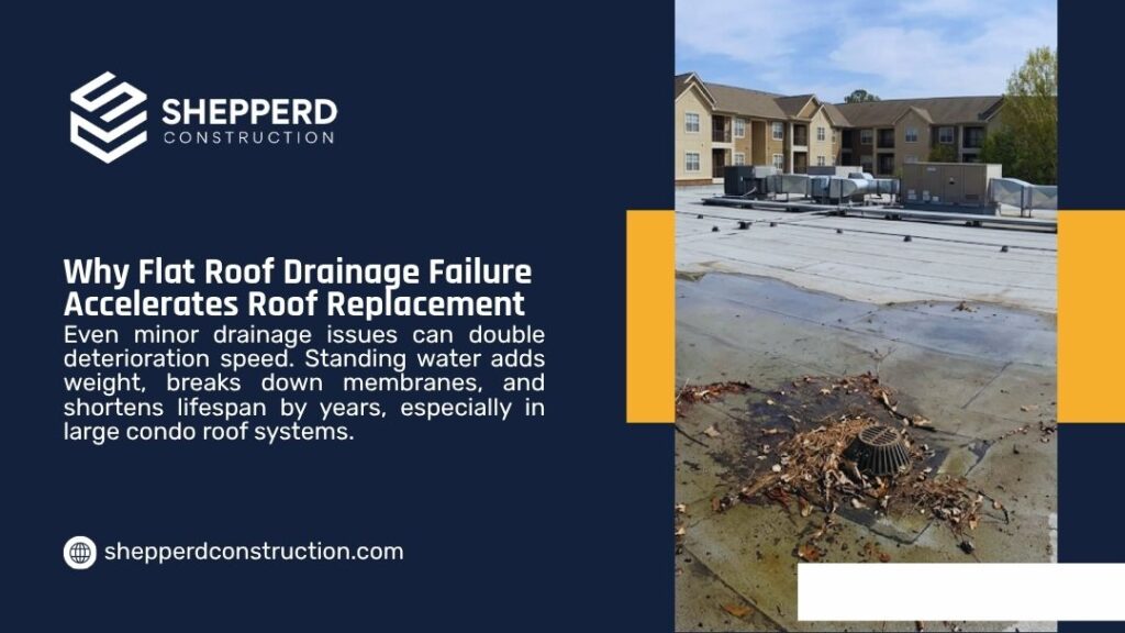 Flat roof with standing water and leaf-clogged drain showing drainage failure on a multi-unit apartment building rooftop.