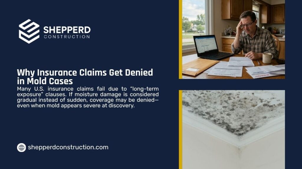 Stressed homeowner reviewing denied insurance paperwork alongside severe ceiling mold, showing why gradual moisture exposure claims get rejected.