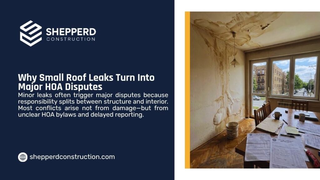 Severe water staining on ceiling and walls with HOA paperwork on table, showing how small roof leaks escalate into major HOA disputes.