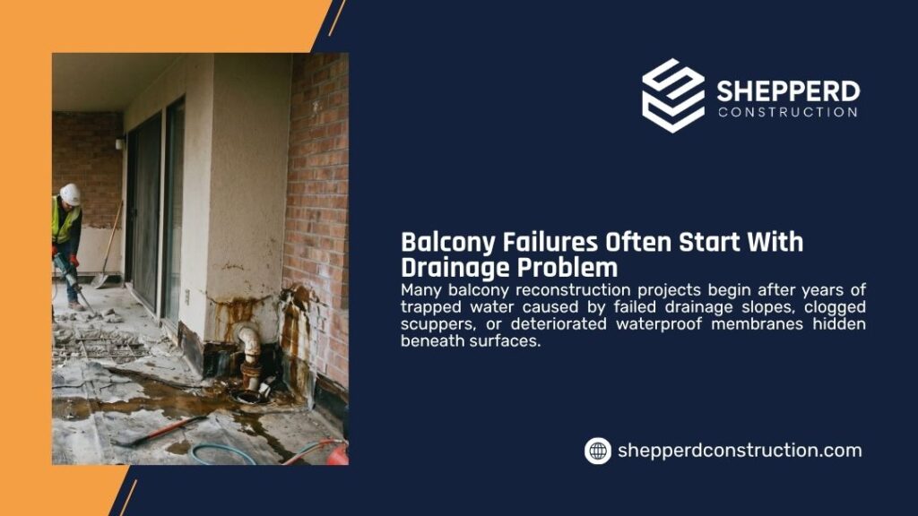 Shepperd Construction infographic "Balcony Failures Often Start With Drainage Problem" with text on hidden water damage and a photo of a worker repairing a water-damaged balcony with stains and debris.