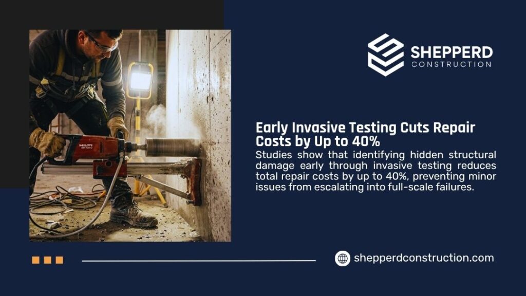 Construction worker using core drill for invasive structural testing on concrete wall. Shepperd Construction graphic highlighting how early invasive testing cuts repair costs by up to 40%.