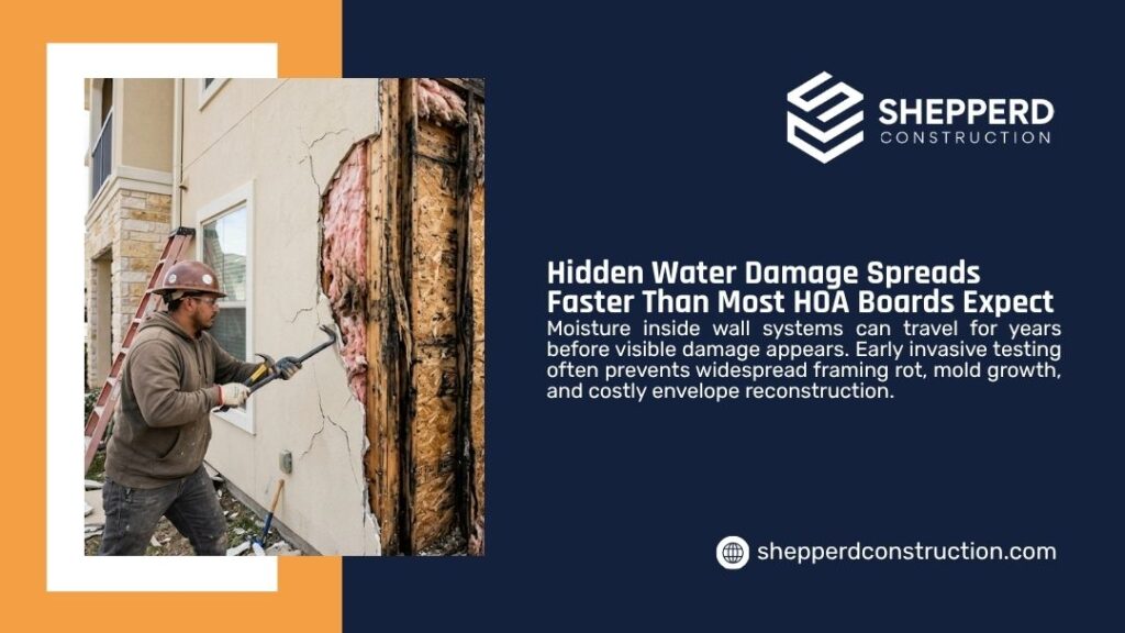 Construction worker inspecting severe hidden water damage behind cracked stucco wall, exposing rotten framing. Shepperd Construction graphic on hidden water damage spreading faster than most HOA boards expect.