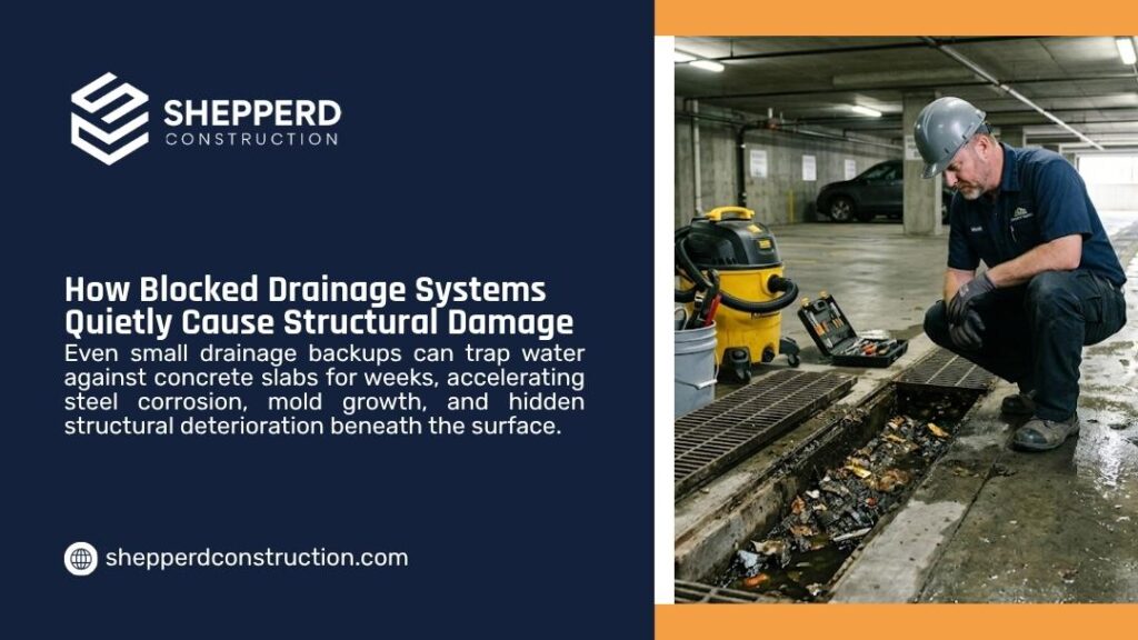Shepperd Construction infographic "How Blocked Drainage Systems Quietly Cause Structural Damage" with explanatory text and a photo of a worker inspecting a clogged, debris-filled drain trench in a parking garage.