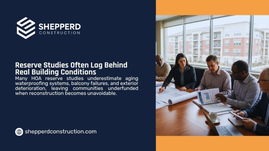 An HOA board reviews building plans at a conference table with a condo complex visible outside, showing how reserve studies often lag behind real building conditions