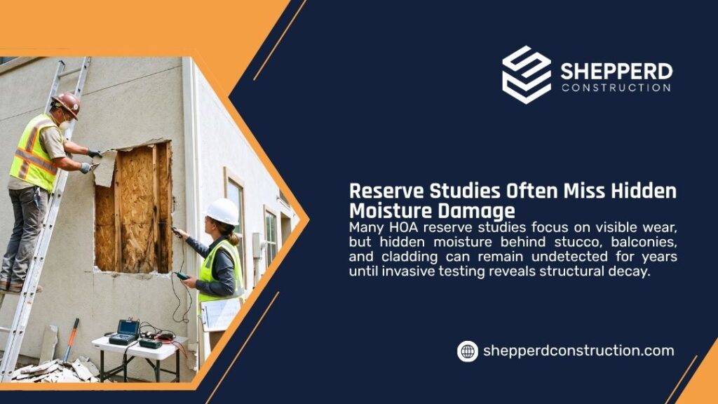 Shepperd Construction infographic "Reserve Studies Often Miss Hidden Moisture Damage" with text on undetected issues and a photo of workers inspecting exposed framing behind stucco on a building exterior.