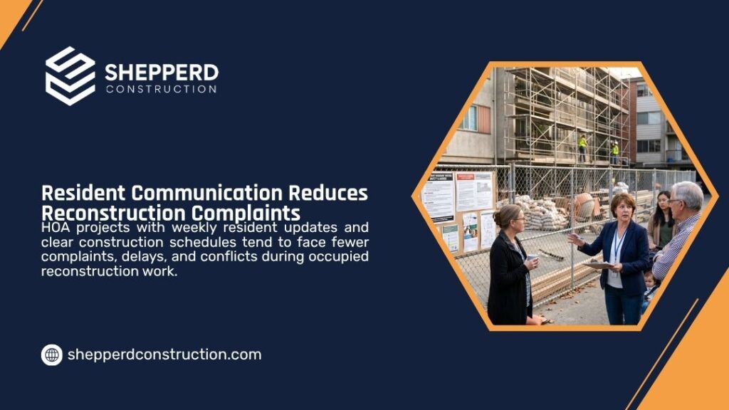 Shepperd Construction infographic "Resident Communication Reduces Reconstruction Complaints" with text on HOA project updates and a photo of a woman presenting to residents at an active building reconstruction site.