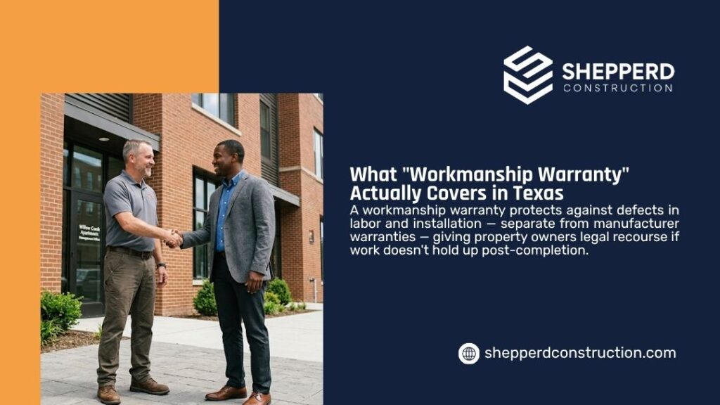 Two professionals shaking hands outside modern building. Shepperd Construction graphic explaining what workmanship warranty actually covers in Texas.