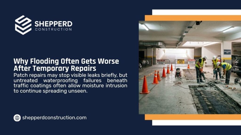 Shepperd Construction infographic "Why Flooding Often Gets Worse After Temporary Repairs" with text on hidden waterproofing issues and a photo of construction workers repairing a flooded condo garage floor.