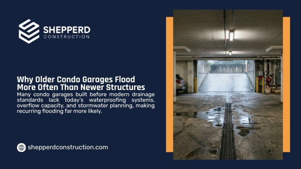 Infographic from Shepperd Construction titled "Why Older Condo Garages Flood More Often Than Newer Structures" with explanatory text and a photo of a wet underground parking garage with puddles on the floor.