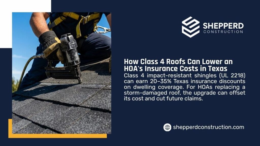 Roofer using a nail gun to install Class 4 impact-resistant shingles, an upgrade that can lower an HOA's insurance costs in Texas.