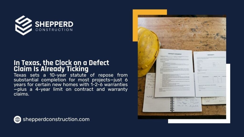 Texas construction defect statute of repose graphic by Shepperd Construction showing a contract, warranty and hard hat on a workbench