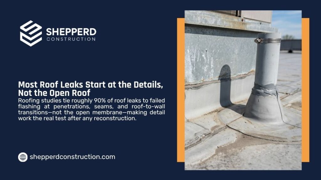 Roof flashing and penetration details graphic by Shepperd Construction showing a sealed pipe penetration and flashing on a commercial flat roof