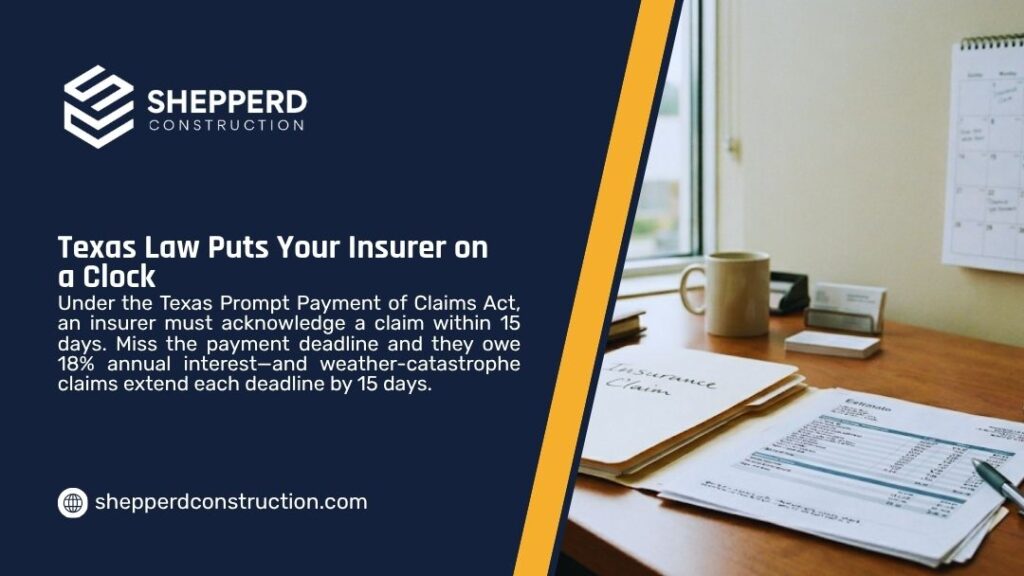 Texas Prompt Payment of Claims Act graphic by Shepperd Construction showing an insurance claim folder and estimate on a desk by a window