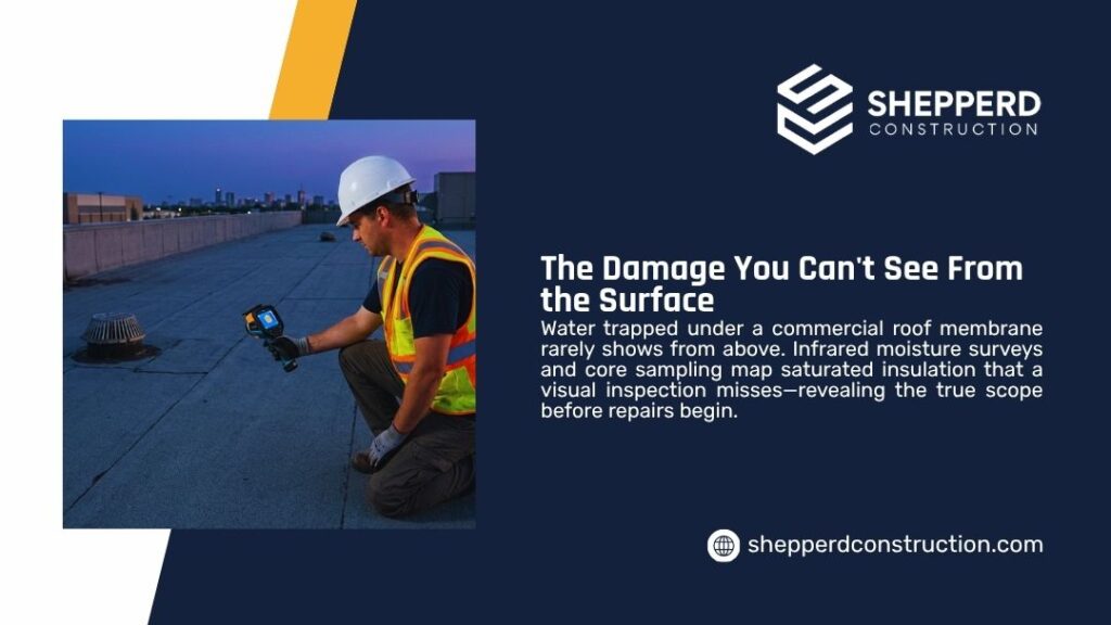 Infrared moisture survey graphic by Shepperd Construction showing a worker using a thermal camera to inspect a commercial roof for hidden water damage