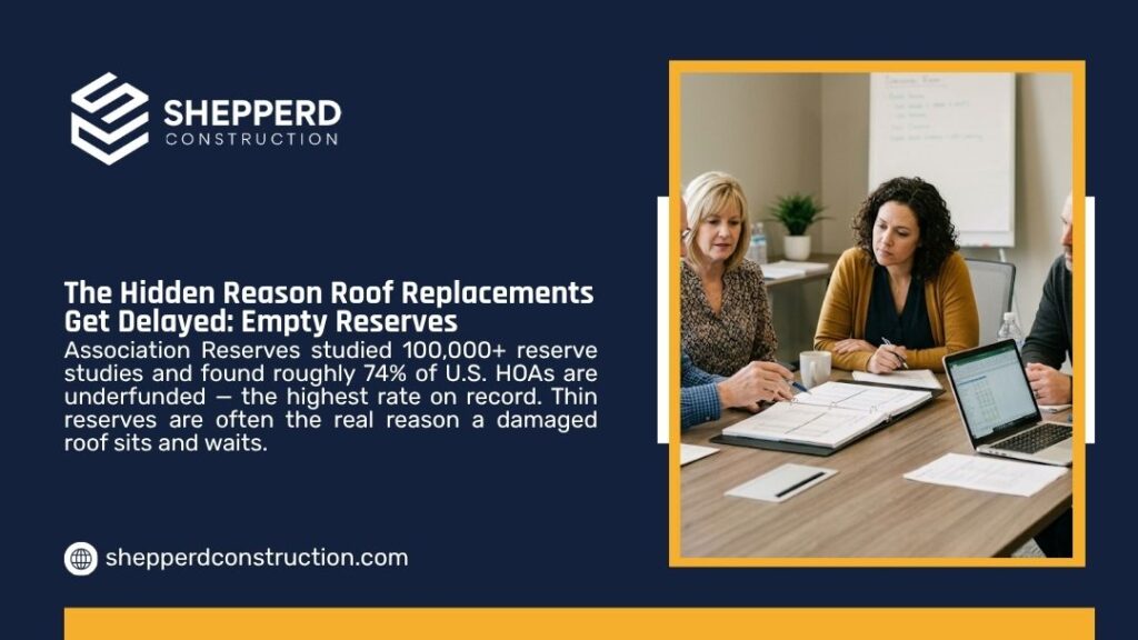 HOA board members reviewing budgets at a meeting, illustrating how empty reserves delay roof replacements when most U.S. HOAs are underfunded