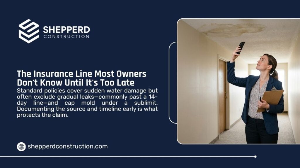 Water damage insurance coverage graphic by Shepperd Construction showing a woman photographing a stained ceiling while holding a clipboard indoors