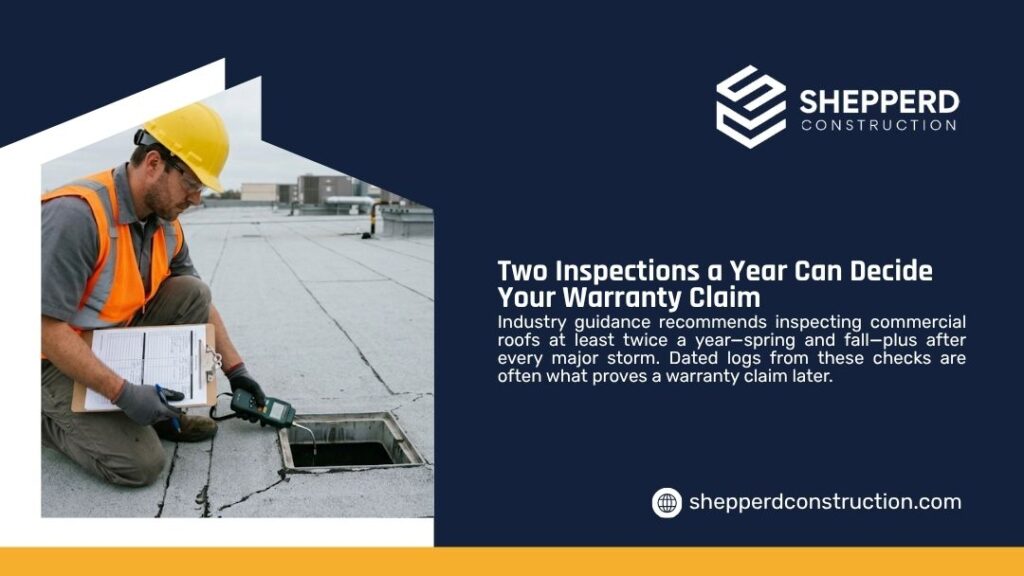 Commercial roof inspection graphic by Shepperd Construction showing a worker with a clipboard and meter checking a drain on a flat roof