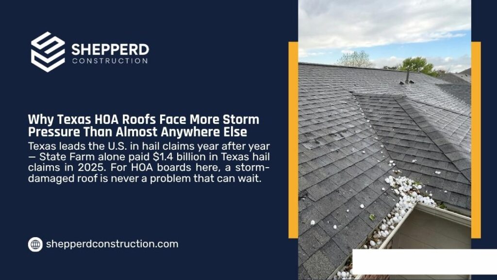 Shingle roof with hail piled in the gutter, showing storm pressure on Texas HOA roofs that lead the U.S. in hail claims year after year.